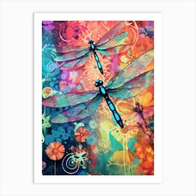 Dragonfly Collage Bright Colours 7 Art Print