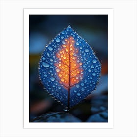 Blue Leaf With Water Droplets 4 Art Print