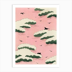 Pink Sky With Clouds And Birds, Vintage Japanese Art Art Print