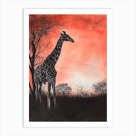 Red Silhouette Giraffe 4 Art Print