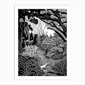 Christchurch Botanic Gardens, New Zealand Linocut Black And White Vintage Art Print