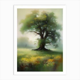 Oak tree, fine work of art, misty atmosphere, green meadow..6 Art Print