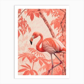 American Flamingo And Philodendrons Minimalist Illustration 4 Art Print