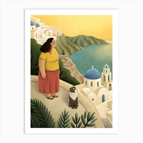 Woman and Dog in Santorini Greece Art Print