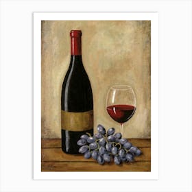 Red wine bottle and grapes wall art poster Art Print