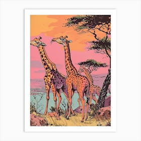 Pink Giraffe Sunset Illustration Art Print