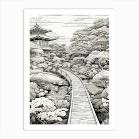 Ritsurin Garden In Kagawa, Ukiyo E Black And White Line Art Drawing 4 Art Print