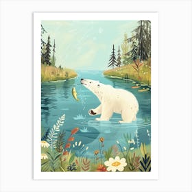 Polar Bear Catching Fish In A Tranquil Lake Storybook Illustration 3 Art Print