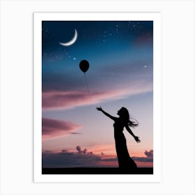 Silhouette Of A Girl Holding A Balloon Art Print