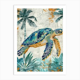 Blue Mixed Media Sea Turtle Collage Art Print