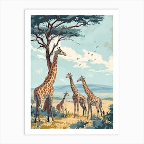 Herd Of Giraffes Resting Under The Tree Modern Illiustration 9 Art Print