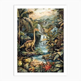 Dinosaur By A Waterfall Landscape Painting 3 Art Print