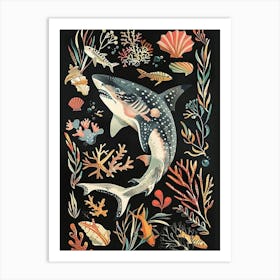 Blacktip Reef Shark Seascape Black Background Illustration 4 Art Print