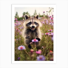Cute Funny Barbados Raccoon Running On A Field Wild 2 Art Print