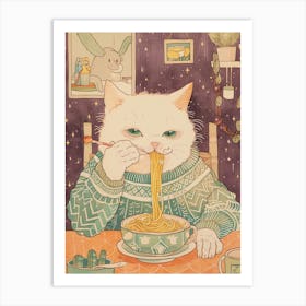 White Cat Pasta Lover Folk Illustration 1 Art Print