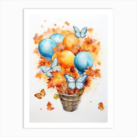 Butterfly Flying With Autumn Fall Pumpkins And Balloons Watercolour Nursery 1 Art Print