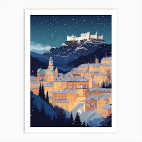 Winter Travel Night Illustration Salzburg Austria 3 Art Print