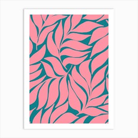 Wavy Tropical Leaves Coral on Dark Teal Art Print