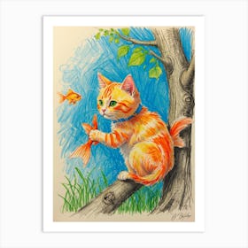 Orange Cat With Fish Art Print