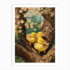 Duck & Duckling In The Flowers Japanese Woodblock Style 1 Poster