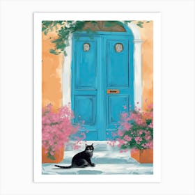 Black Grey Cat Mediterranean Blue Door Art Print