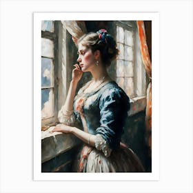 Lady By The Window, winter, castle,a breathtaking landscape scenery,multilayer view,enchanted stunning visually,dark influenza,ink v3,oil on linen ,oil on canvas,hyperrealism, artistic masterwork,perfect painting,soft color,inspired by wadim kashin,jeremy mann 1 Art Print