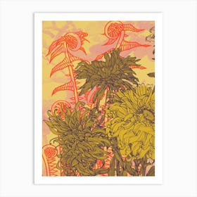 Abstract Botanical Fiddleheads and Dahlias, Goldenrod and Coral, Collage No.12623 - 07 Art Print