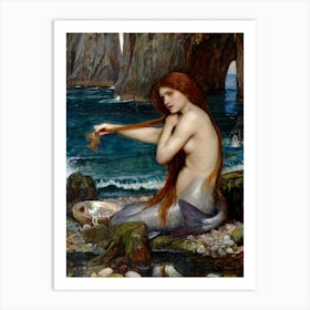 A Mermaid by John William Waterhouse - Remastered Oil Painting Waterhouse's Famous Siren Red Haired Beautiful Mermaid Lady Sat by the Sea Pagan Mythological Witchy Dreamy Art Print