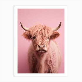 Pastel Pink Portrait Of Highland Cow 2 Art Print