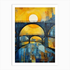 Blue Bridge with Sun III, Modern Vibrant Colorful Painting in Oil Style Art Print