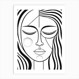 Black & White Serene Face Line Drawing Art Print