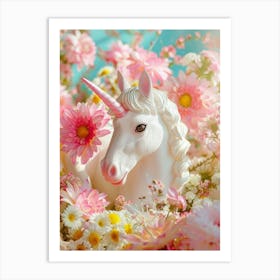 Toy Unicorn Surrounded By Flowers 2 Art Print