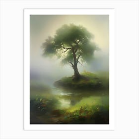 Oak tree, fine work of art, misty atmosphere, green meadow..3 Art Print