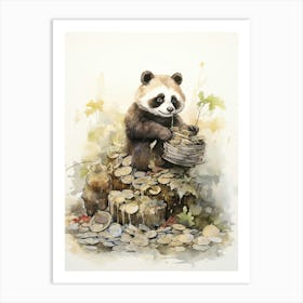 Panda Art Collecting Coins Watercolour 1 Art Print