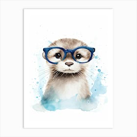 Smart Baby Otter Wearing Glasses Watercolour Illustration 1 Art Print