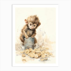 Monkey Painting Collecting Coins Watercolour 1 Art Print