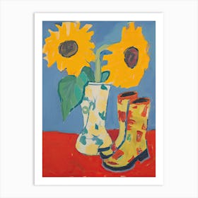 A Painting Of Cowboy Boots With Sunflower Flowers, Pop Art Style 2 Art Print