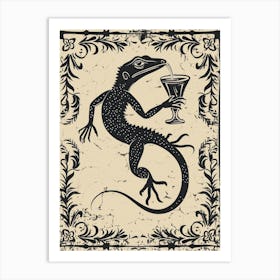 Lizard Drinking A Cocktail Floral Block Print Art Print