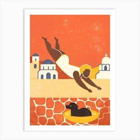 Woman Diving in A Pool with A Black Dog Swimming  Art Print