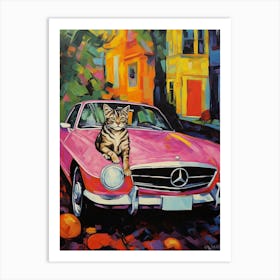 Mercedes Benz Sl Pagoda Vintage Car With A Cat, Matisse Style Painting 2 Art Print
