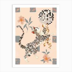 Disco Cat Checkerboard Floral Whimsical Illustration Dopamine Art Print