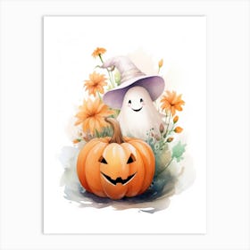 Cute Ghost With Pumpkins Halloween Watercolour 6 Art Print