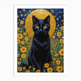 Klimt Style Black Cat in Garden Wild Flowers Painting - Gustav Klimt Gold Leaf Monet Waterlillies Abstract Textured Floral HD Art Print