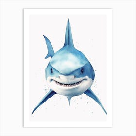 Cartoon Watercolour Blue Shark Kids Nursery 2 Art Print