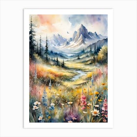 Watercolor Of A Mountain Landscape Art Print