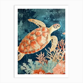 Sea Turtle Coral Textured Collage 2 Art Print