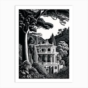 Villa Carlotta, 1, Italy Linocut Black And White Vintage Art Print