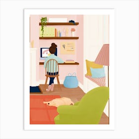 Illustration Of Woman Working in Home Office Art Print