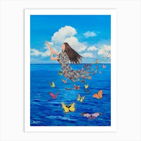 Woman Made of Butterflies Surreal Blue Sky And Ocean Art Print
