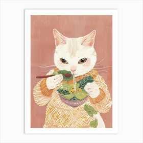Cute White Tan Cat Eating Salad Folk Illustration 3 Art Print